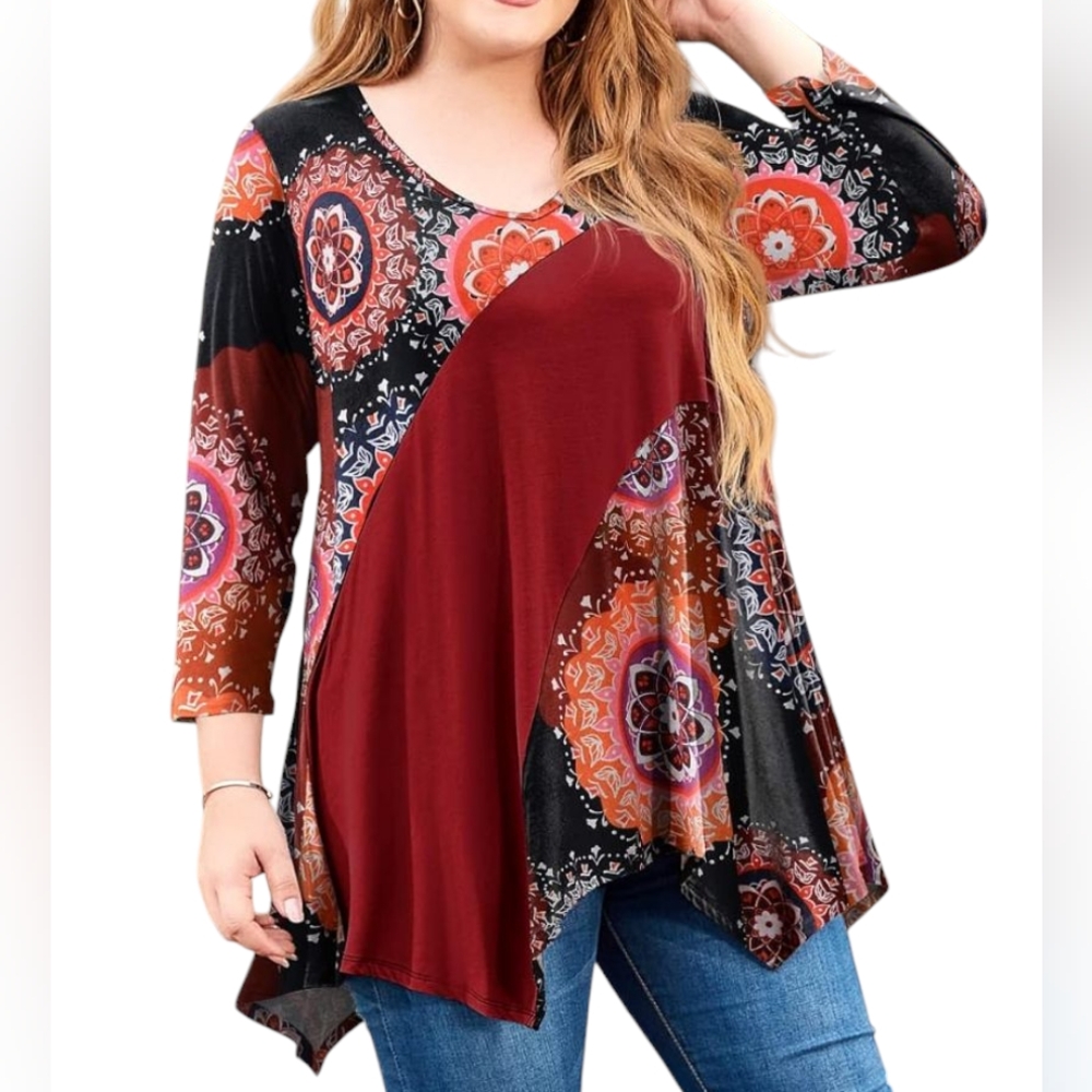 🆕 Women's PLUS SIZE Red Color Block & Mandala Print 3/4 Sleeve Tunic Top